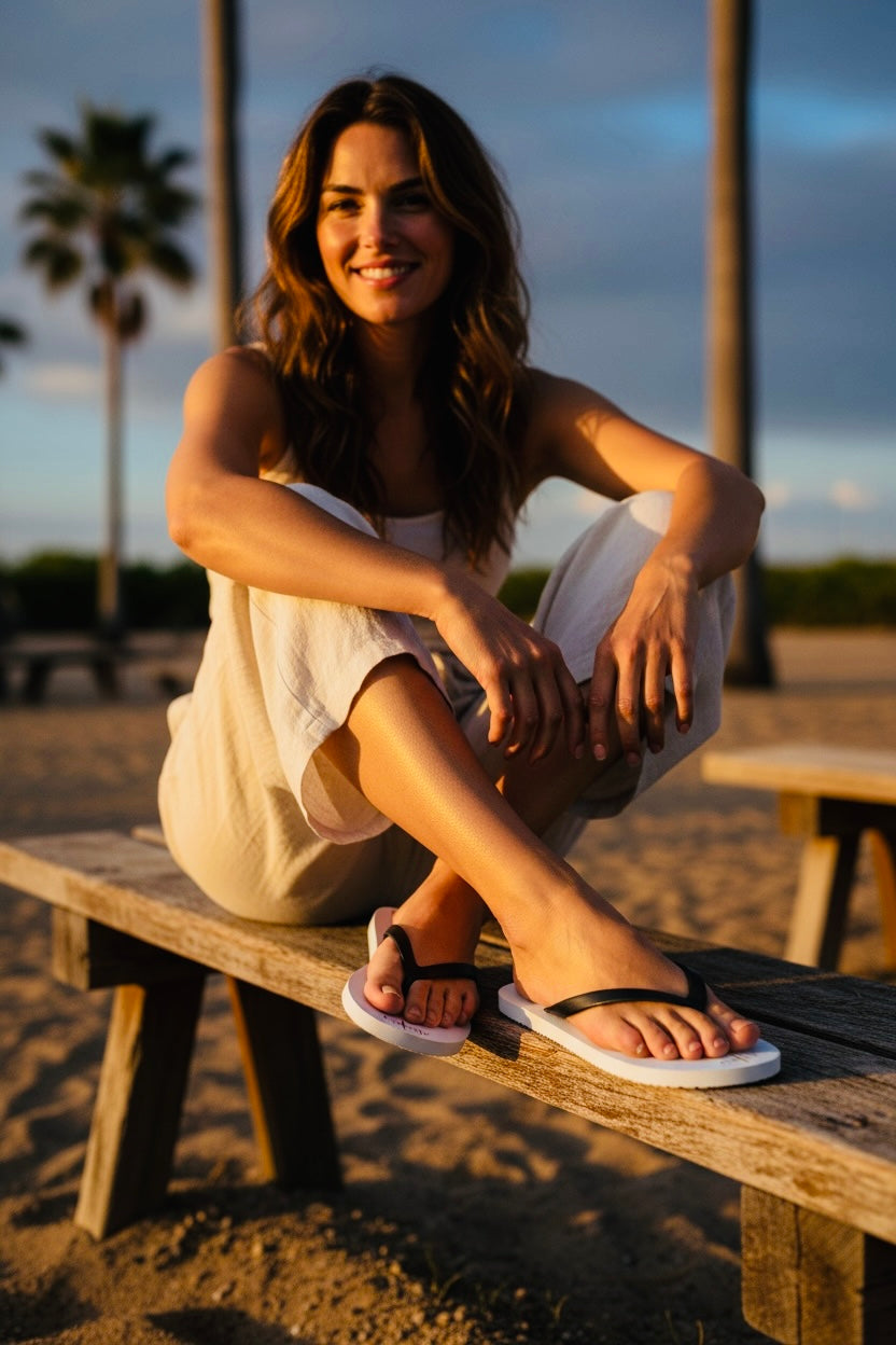 White Logo Flip Flops – Minimal Gold ‘AU|RU’ Beach Sandals