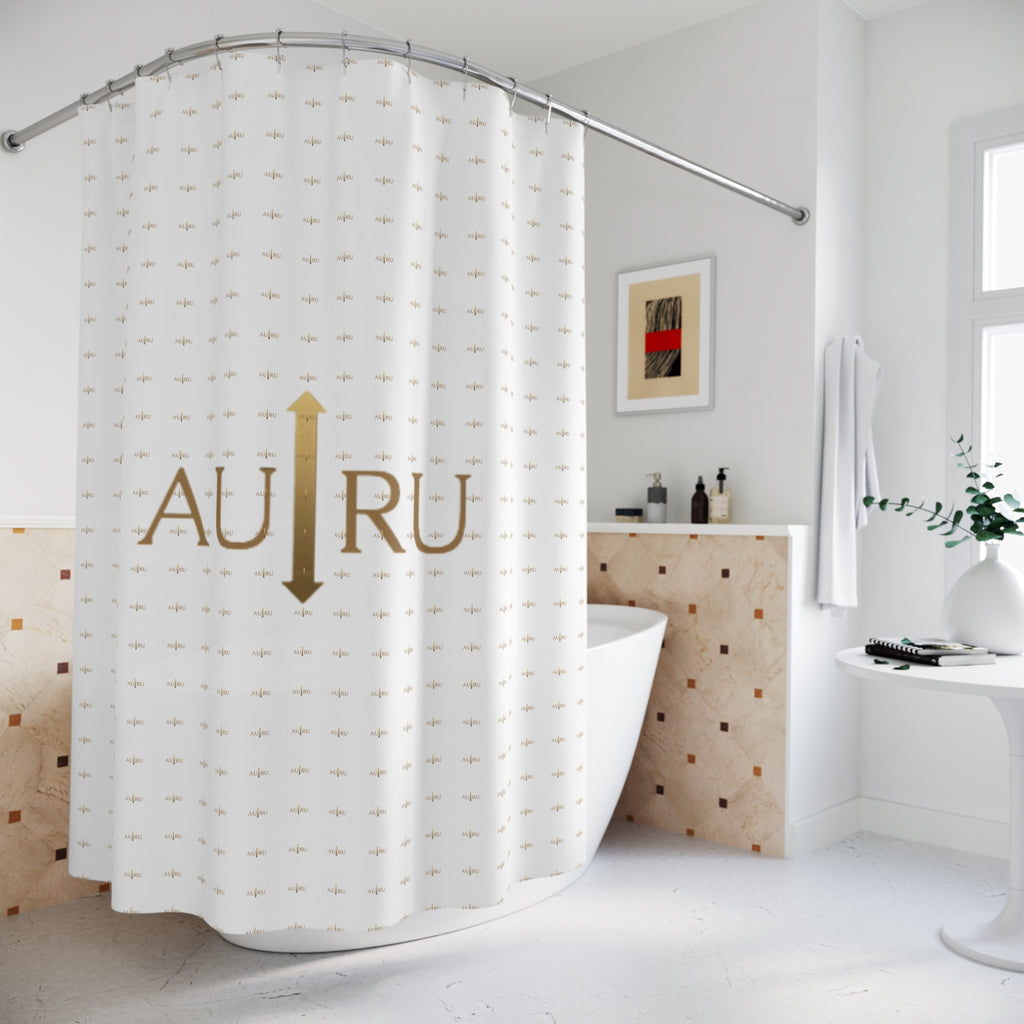 AU|RU Gold Arrow Shower Curtain — Minimalist White Patterned Bath Curtain