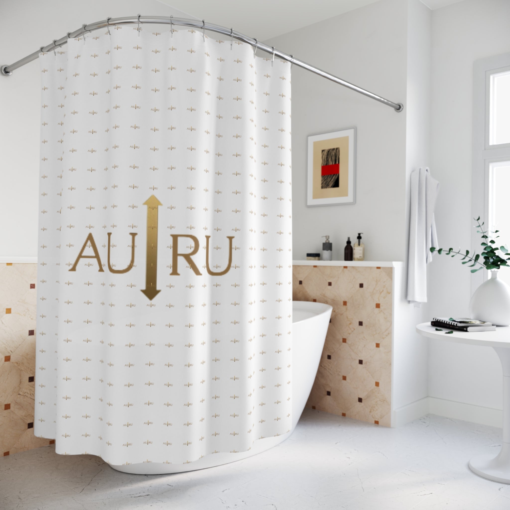 AU|RU Gold Arrow Shower Curtain — Minimalist White Patterned Bath Curtain