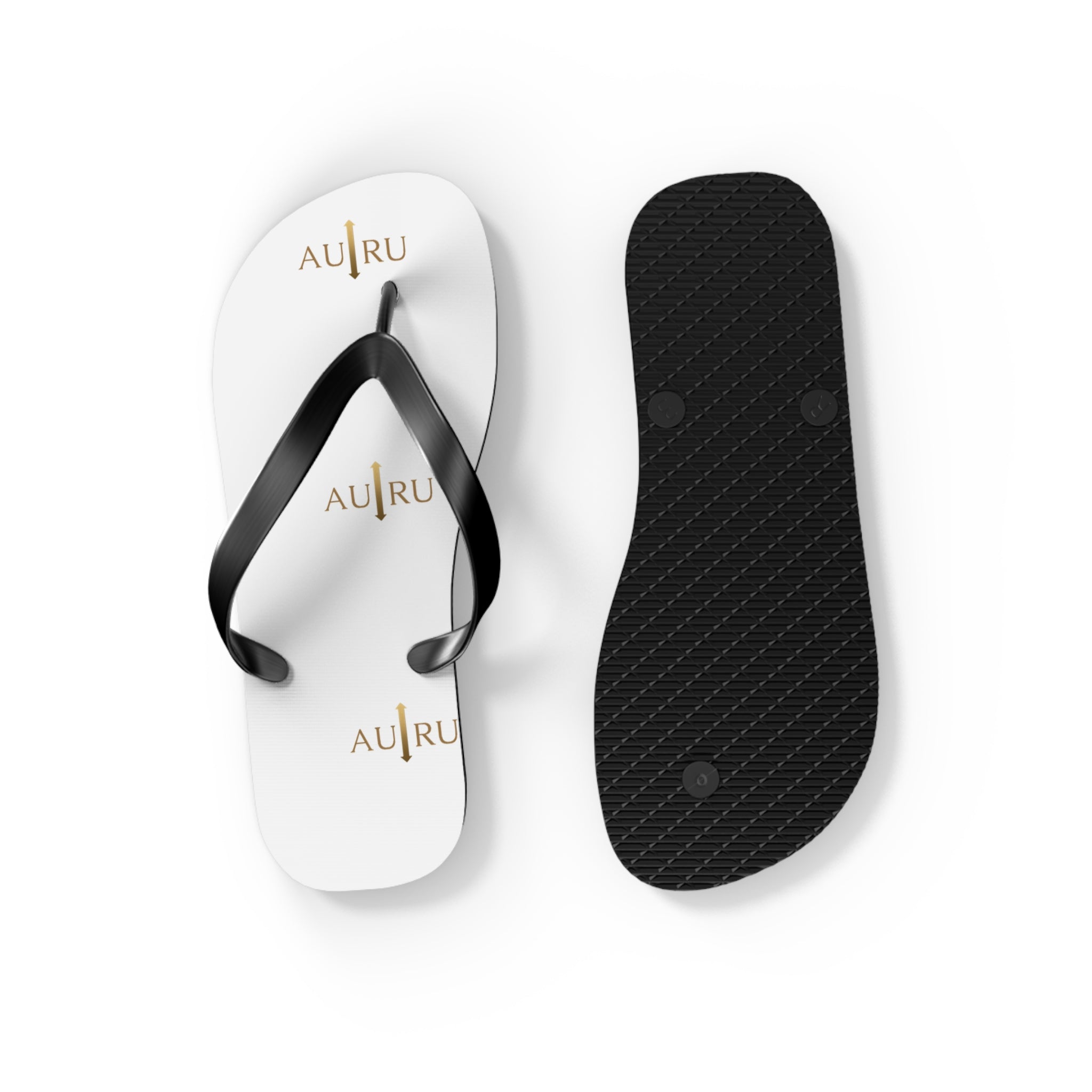 White Logo Flip Flops – Minimal Gold ‘AU|RU’ Beach Sandals