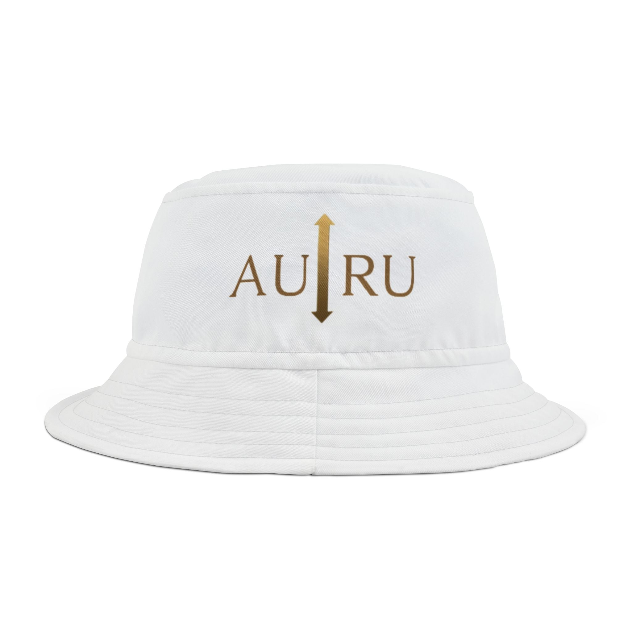 Au/Ru Gold Arrow Logo Bucket Hat — Embroidered White Sun Hat