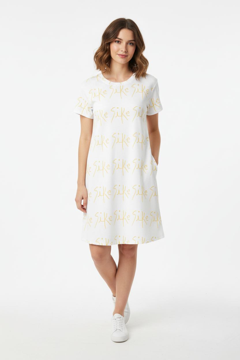White Script Logo T‑Shirt Dress — All-Over Print Casual Day Dress