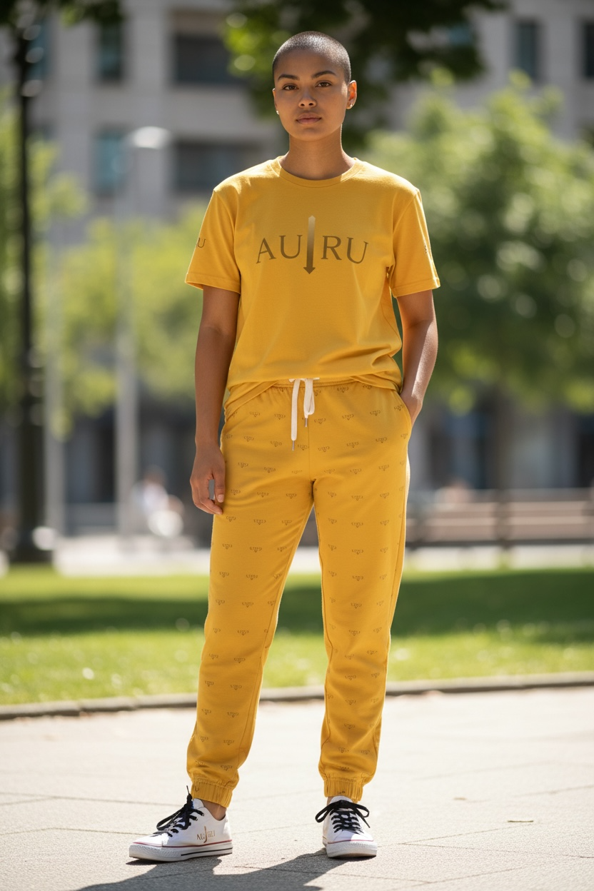 AURU Arrow Logo T‑Shirt — Minimal Gold Graphic Tee
