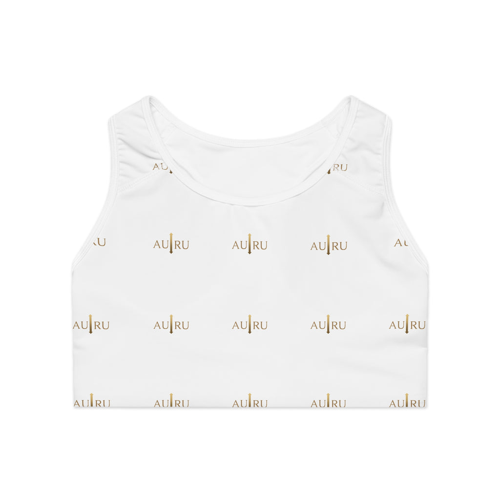 White All-Over-Print Sports Bra — Minimal AU|RU Gold Logo Activewear