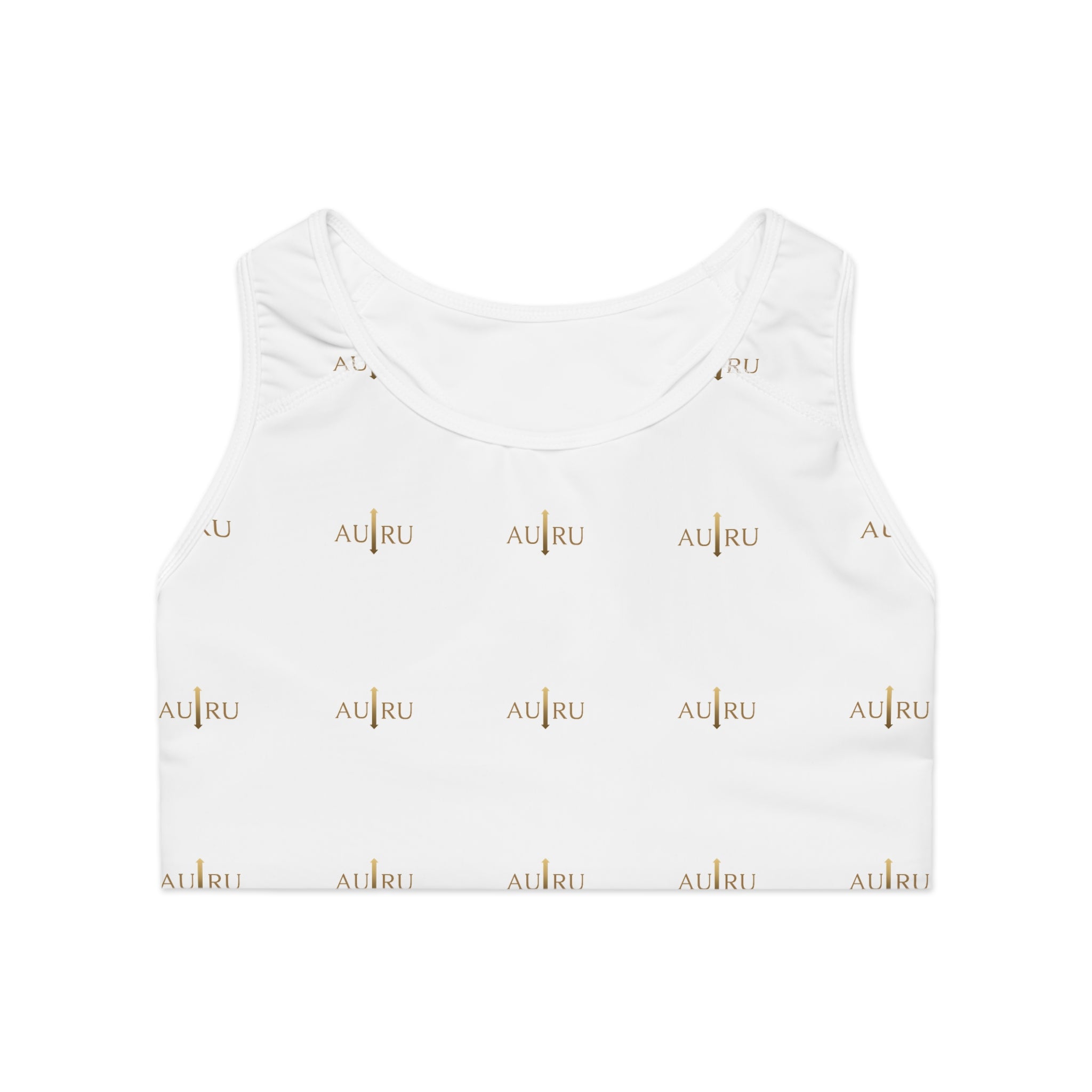 White All-Over-Print Sports Bra — Minimal AU|RU Gold Logo Activewear