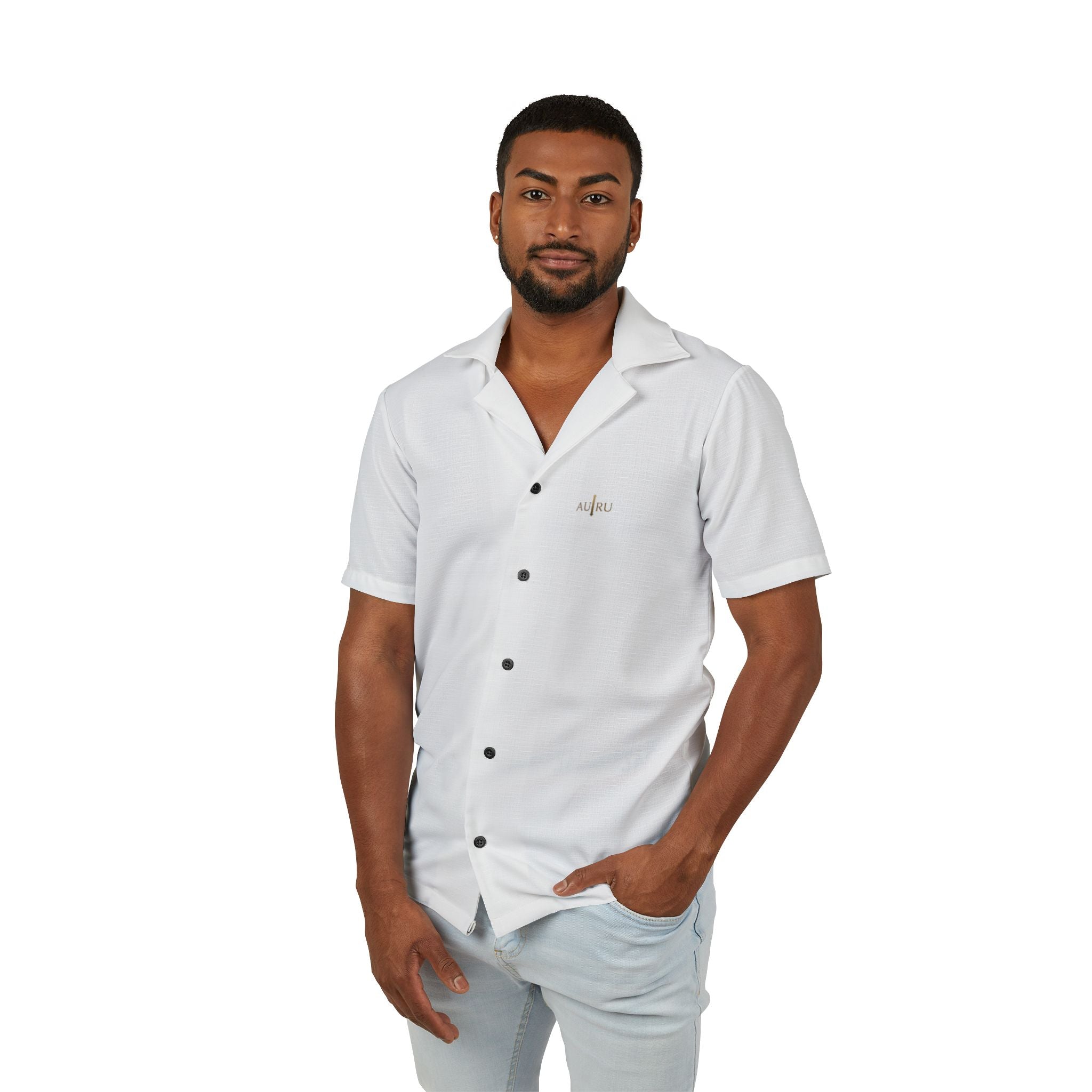 Men's AU|RU-White Hawaiian Camp Shirt - Minimal Embroidered Aloha Button-Up