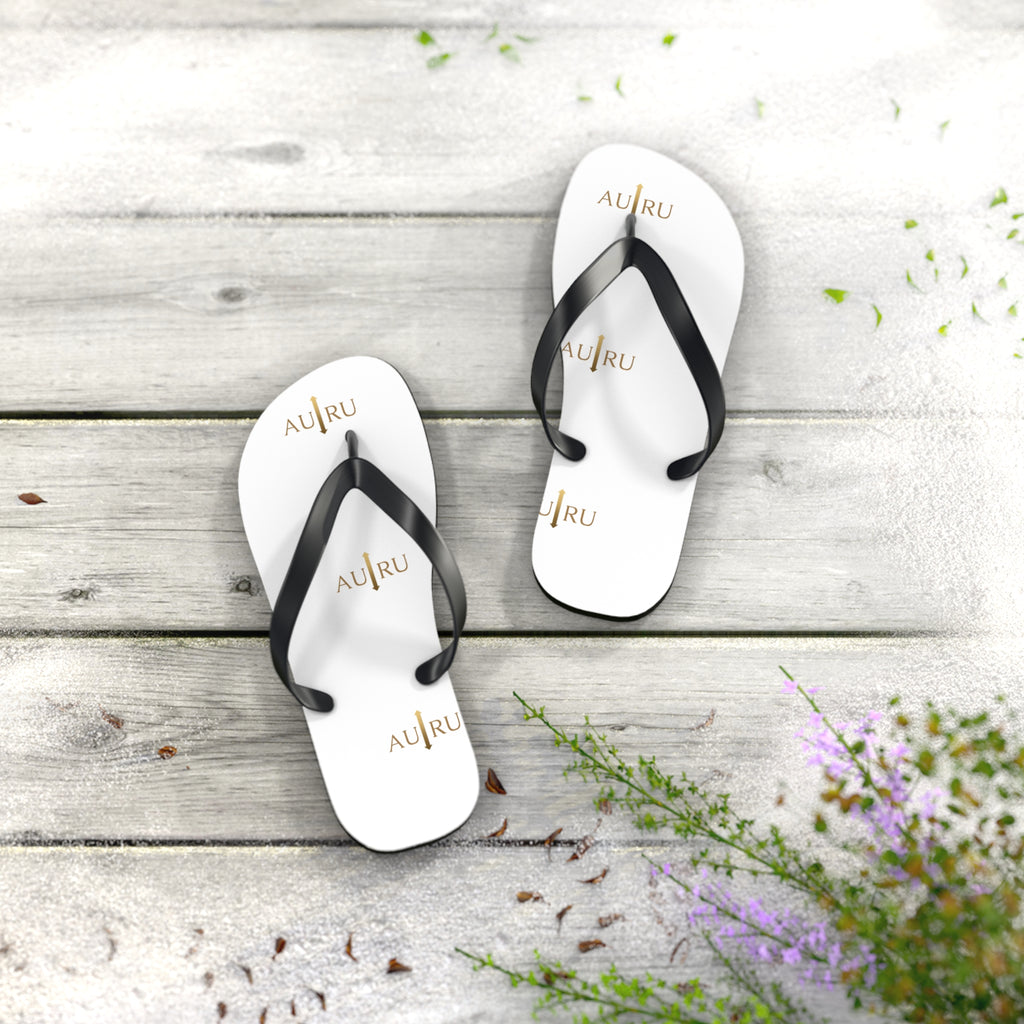 White Logo Flip Flops – Minimal Gold ‘AU|RU’ Beach Sandals