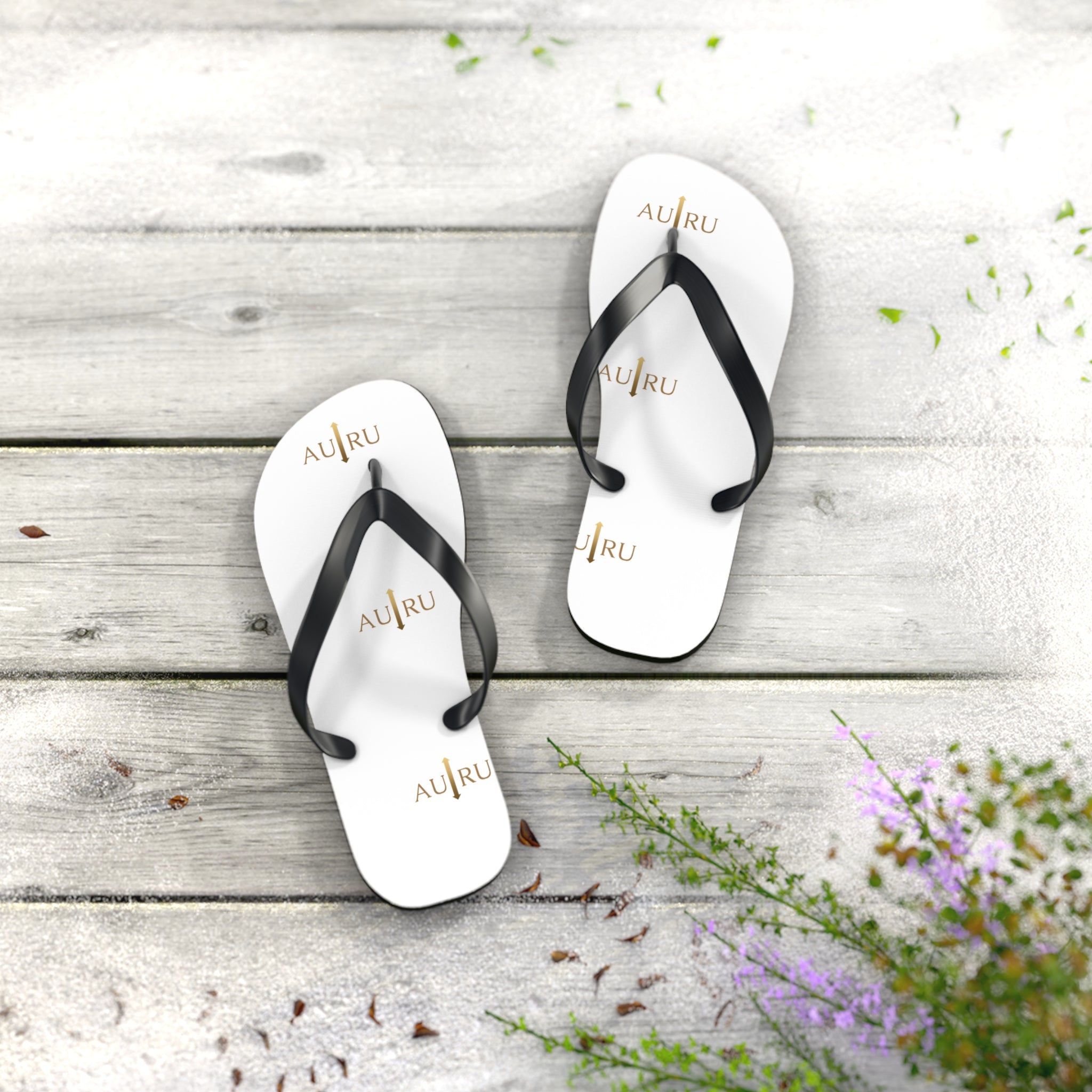 White Logo Flip Flops – Minimal Gold ‘AU|RU’ Beach Sandals