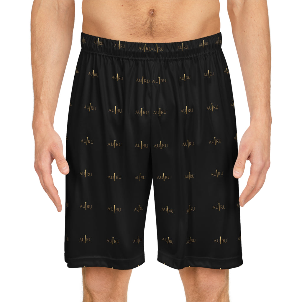 Black All-Over Print Basketball Shorts — AURU Gold Wave Logo Athletic Shorts