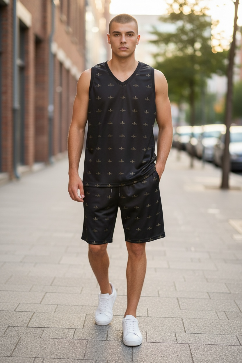 Black All-Over Print Basketball Shorts — AURU Gold Wave Logo Athletic Shorts