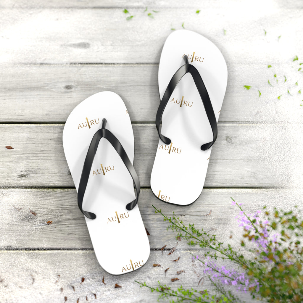 White Logo Flip Flops – Minimal Gold ‘AU|RU’ Beach Sandals