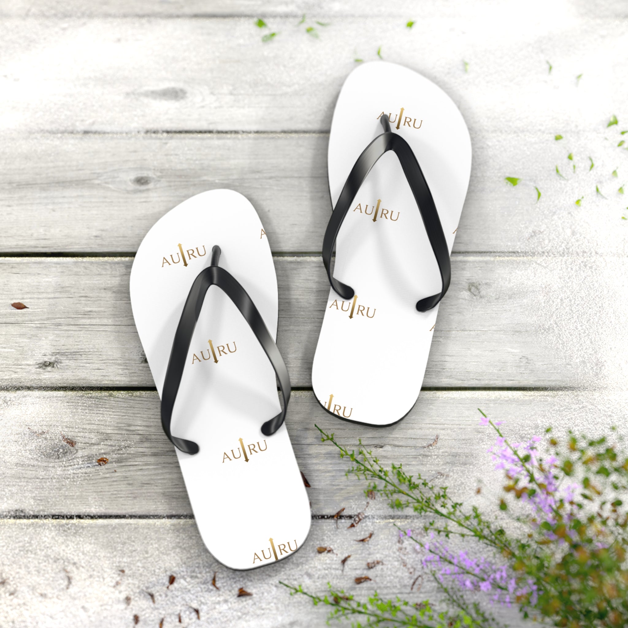 White Logo Flip Flops – Minimal Gold ‘AU|RU’ Beach Sandals