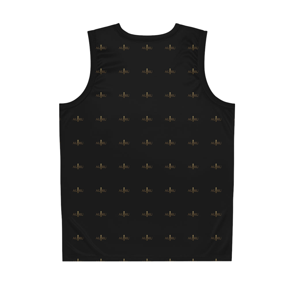Black All-Over Print Basketball Jersey with Gold Pulse Logo Pattern-AURU