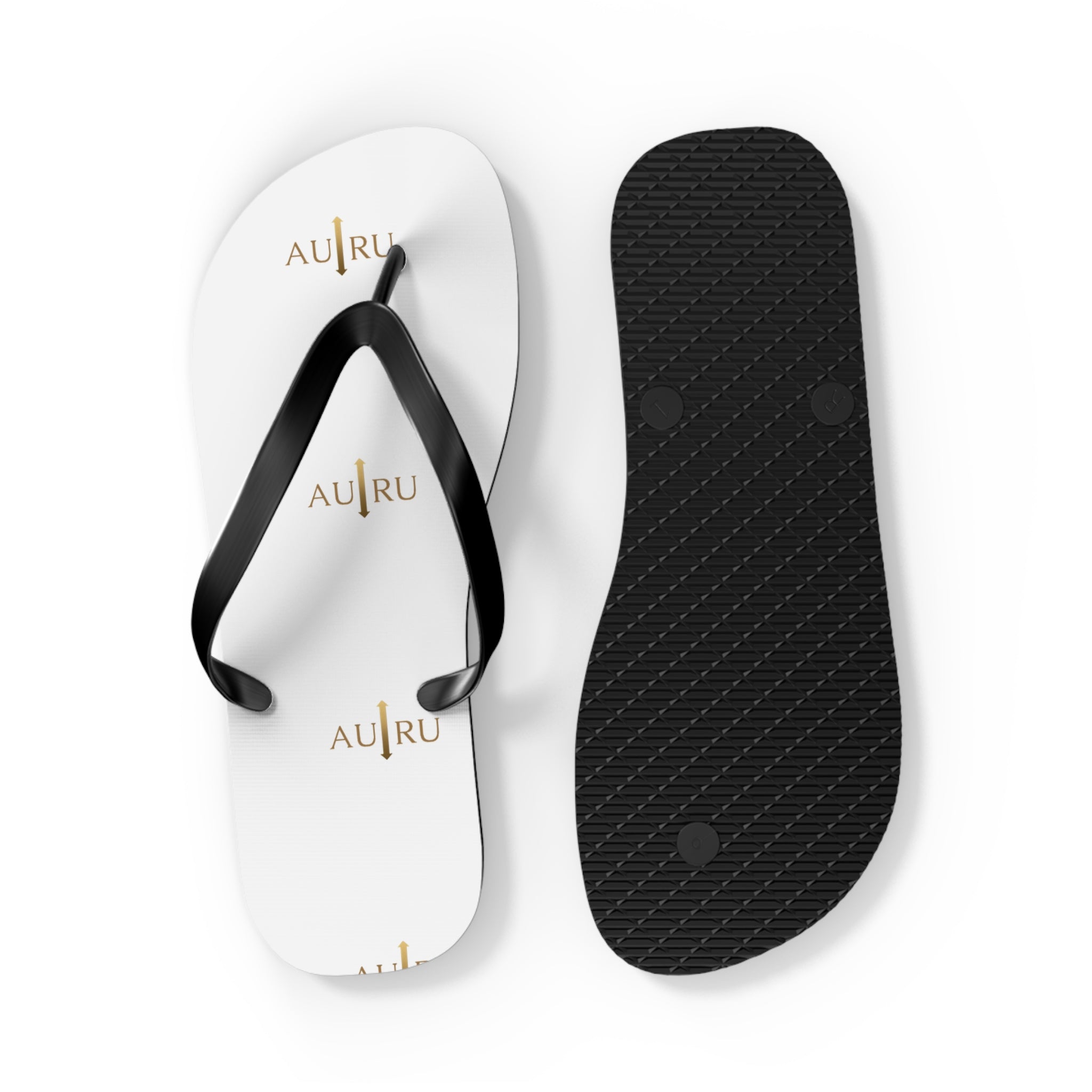White Logo Flip Flops – Minimal Gold ‘AU|RU’ Beach Sandals