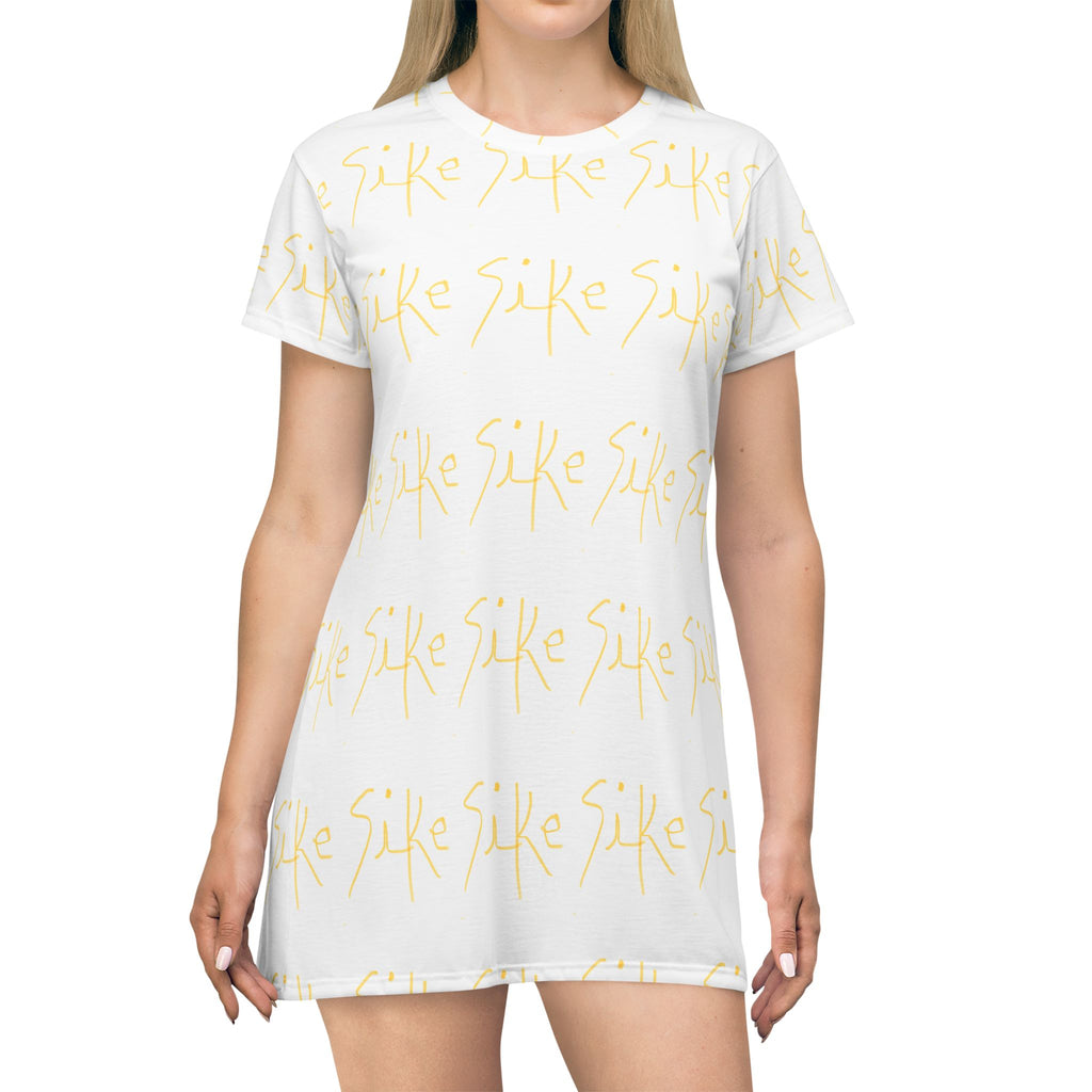 White Script Logo T‑Shirt Dress — All-Over Print Casual Day Dress