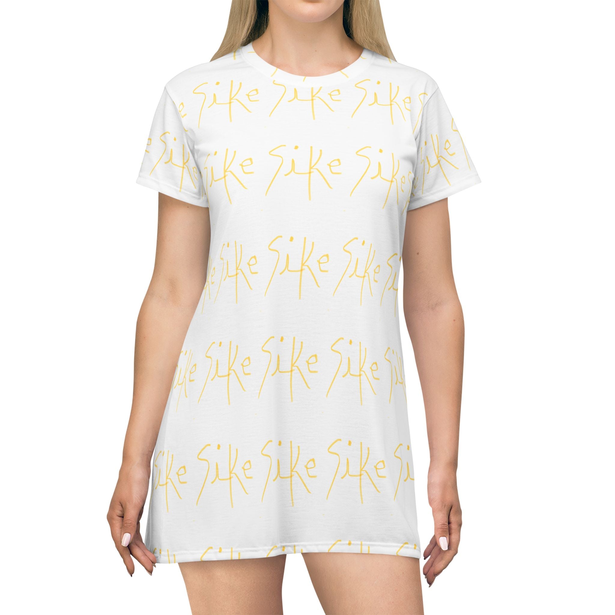White Script Logo T‑Shirt Dress — All-Over Print Casual Day Dress