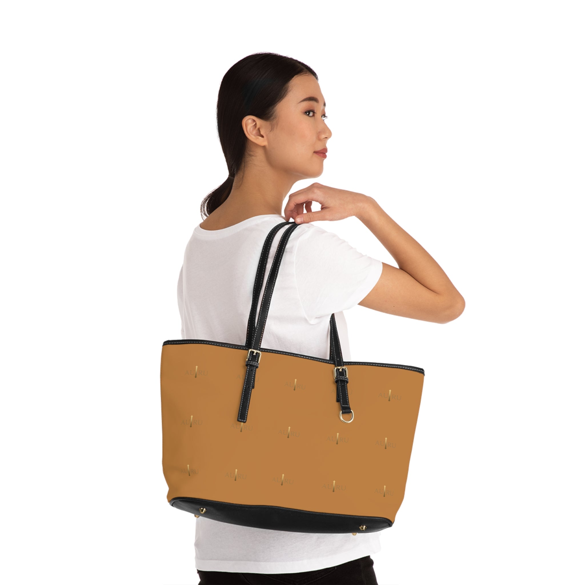 Camel PU Leather Shoulder Bag — Minimal Gold Dash Tote-AURU