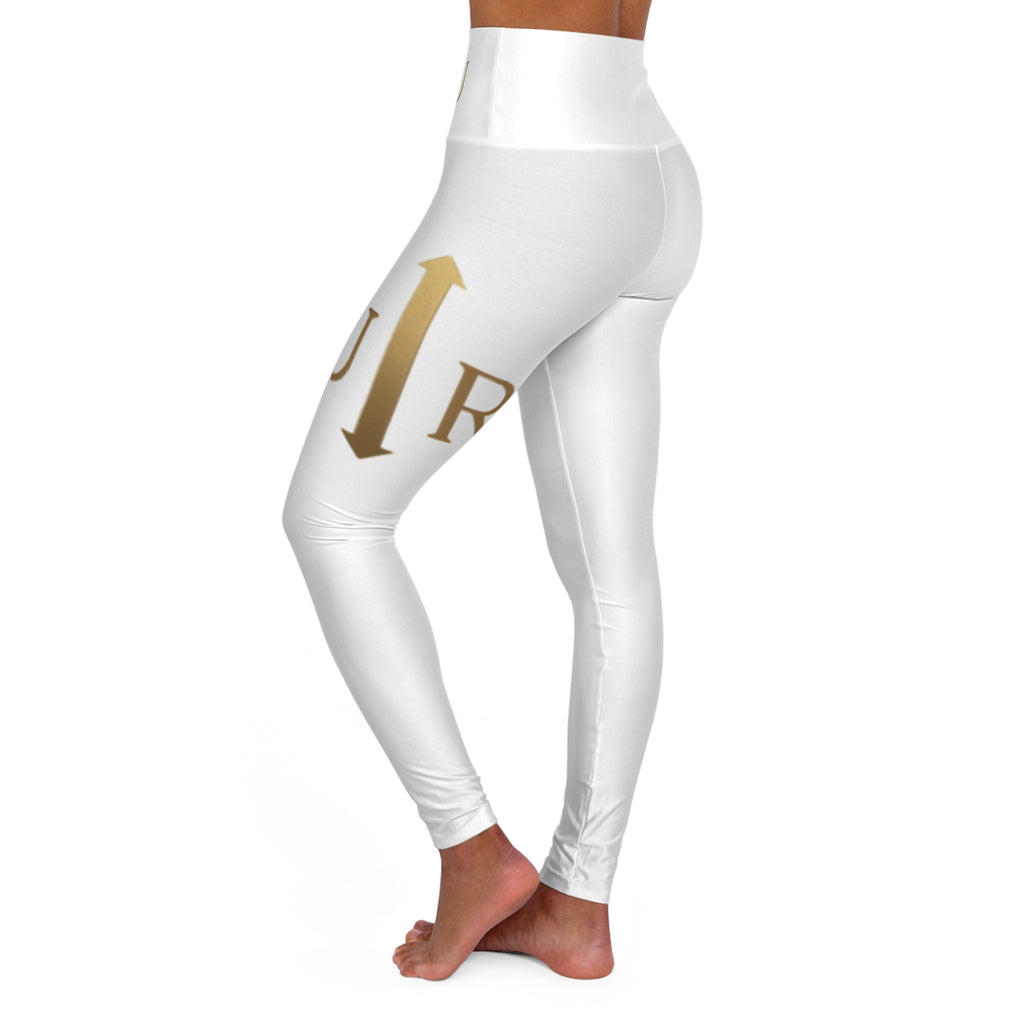 White High-Waist Yoga Leggings with Gold 'AURU' Logo — All-Over Print Fitness & Athleisure
