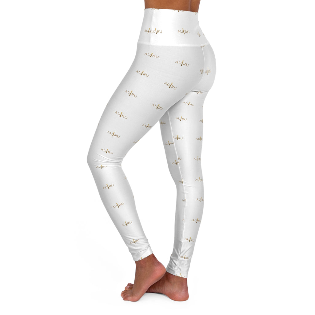 AU|RU-High-Waisted White Yoga Leggings with Gold Script Accent — 'breathe' All-Over Print