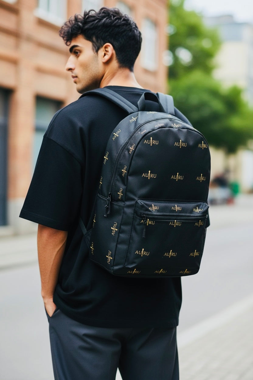 Black Logo Backpack — Sleek AU|RU Monogram Daypack