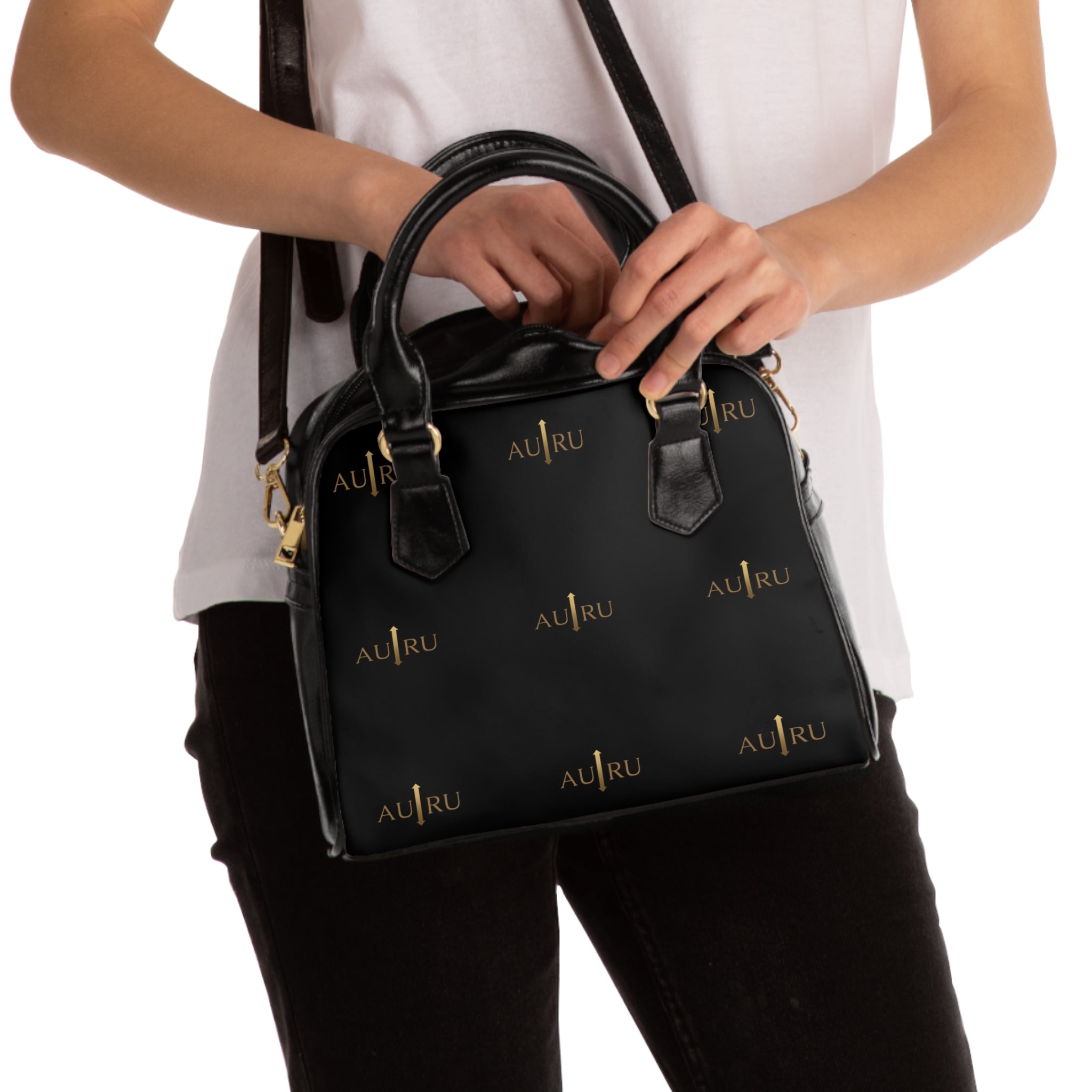 Leather Shoulder Handbag — Black Gold Monogram Tote-AURU