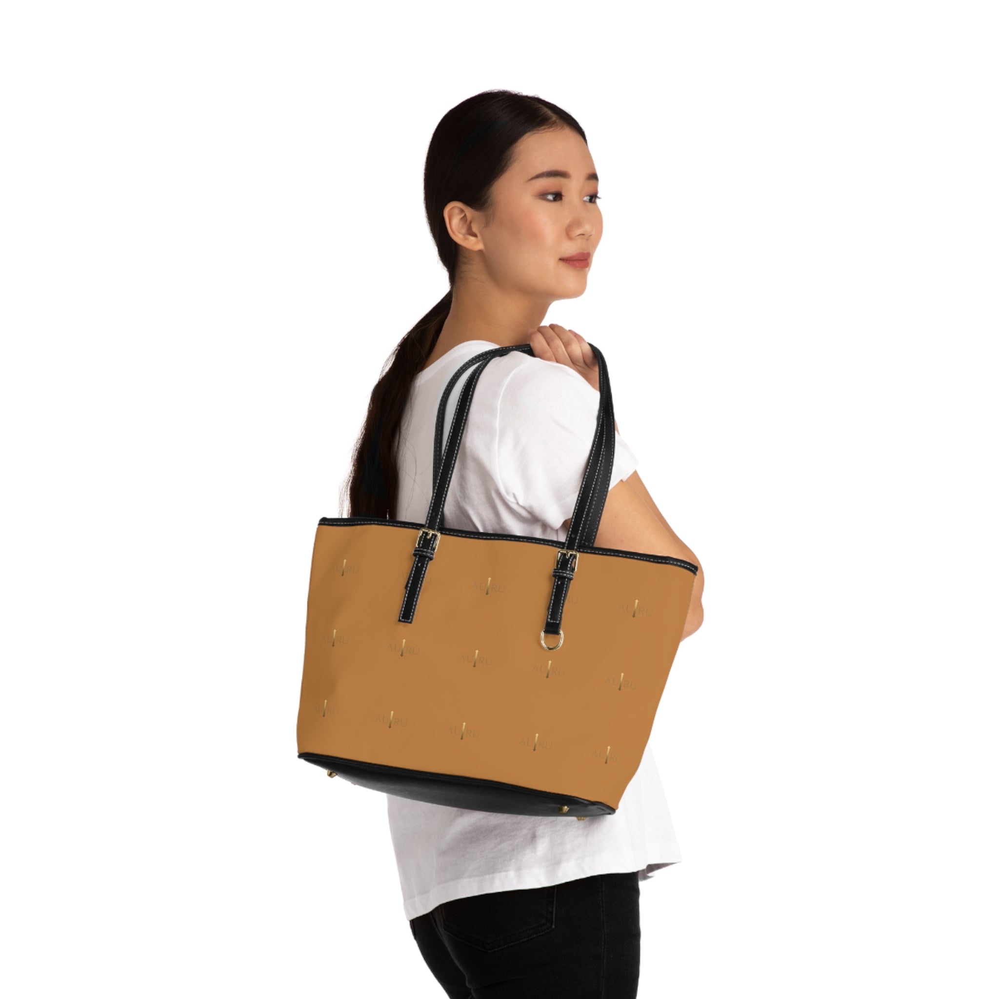 Camel PU Leather Shoulder Bag — Minimal Gold Dash Tote-AURU