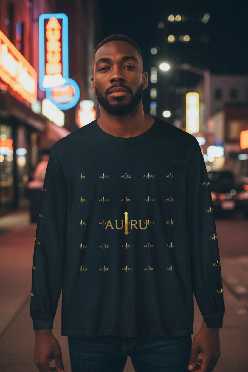 AU|RU Logo Long Sleeve Tee — Branded Gold Pattern Shirt