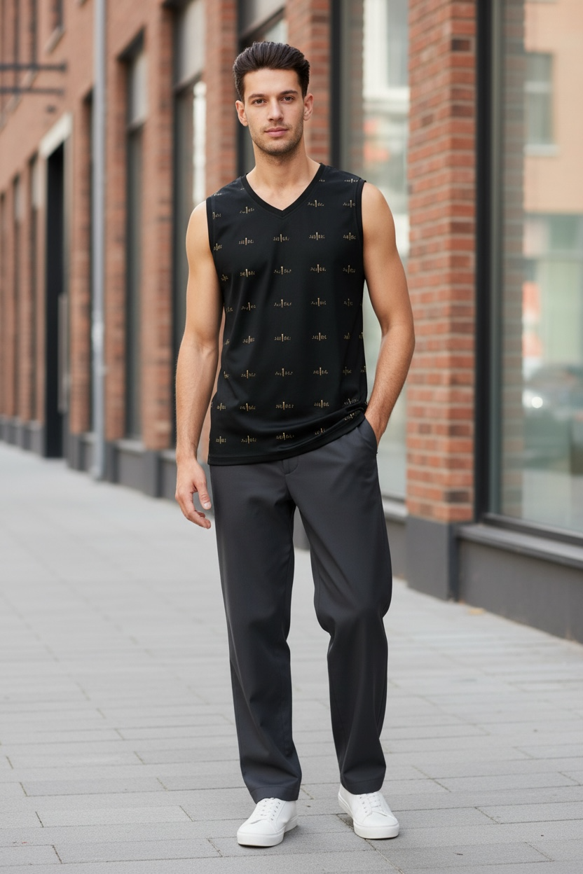 Black All-Over Print Basketball Jersey with Gold Pulse Logo Pattern-AURU