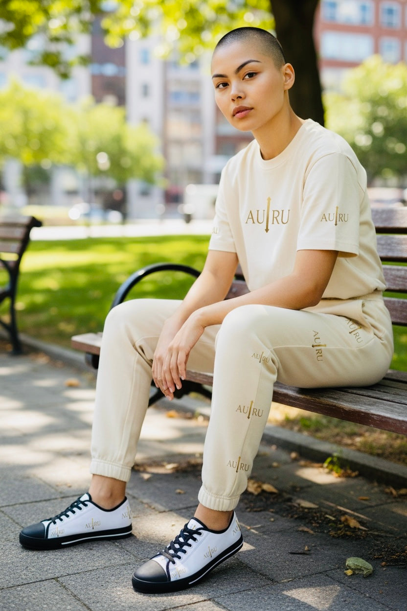Low Top Sneakers — Minimalist White Canvas with Gold 'AURU' Logo