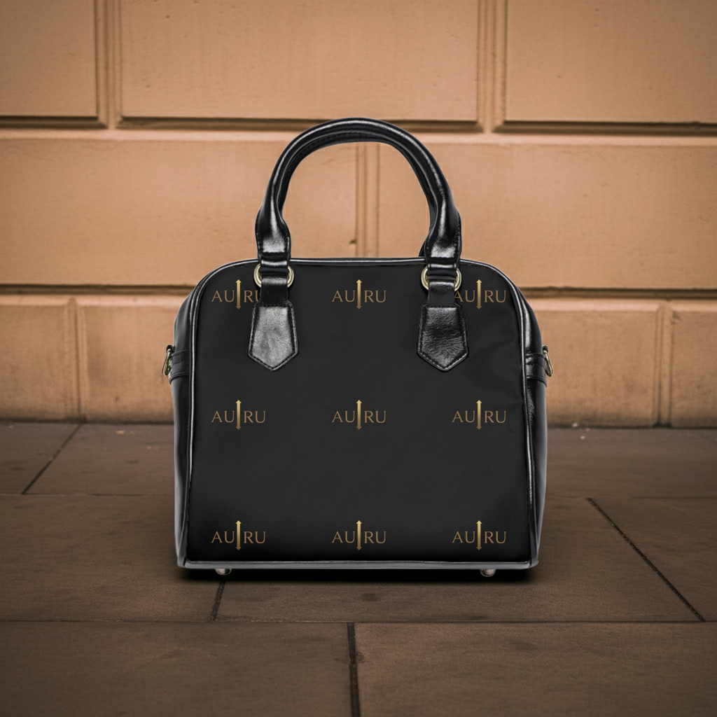 Leather Shoulder Handbag — Black Gold Monogram Tote-AURU