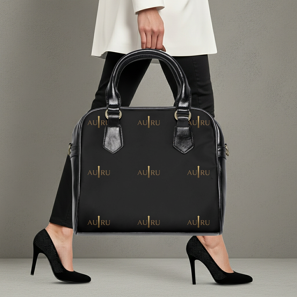 Leather Shoulder Handbag — Black Gold Monogram Tote-AURU